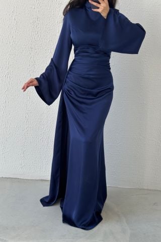 Tail Detailed Satin Hijab Evening Dress Navy Blue