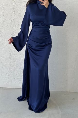 Tail Detailed Satin Hijab Evening Dress Navy Blue