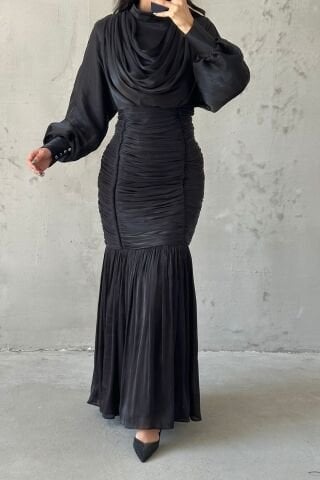Belden İnce Piliseli Janjan Tesettür Abiye Siyah