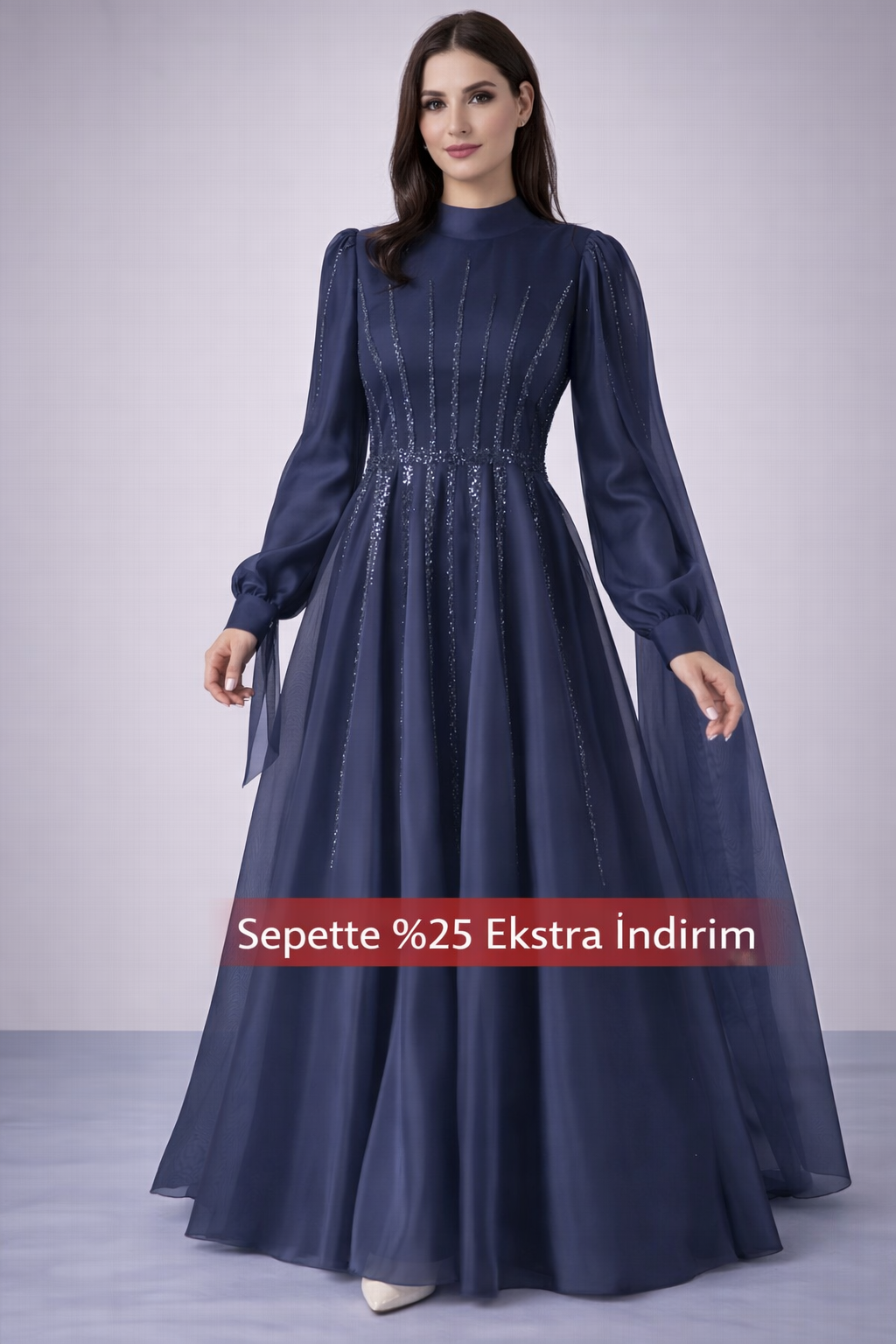 Rahat Bağlamalı Kol Detaylı Organze Tesettür Abiye Lacivert