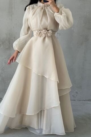 Çiçek Kemer Detaylı Organze Tesettür Abiye Taş