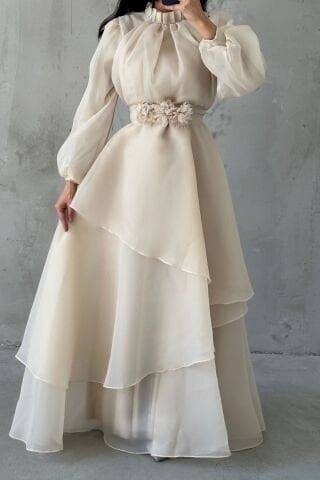 Çiçek Kemer Detaylı Organze Tesettür Abiye Taş