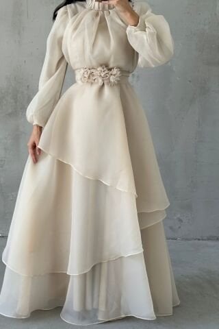 Çiçek Kemer Detaylı Organze Tesettür Abiye Taş