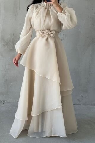 Çiçek Kemer Detaylı Organze Tesettür Abiye Taş