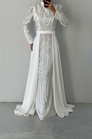 Boydan Taş İşlemeli Pelerinli Saten Tesettür Abiye Ekru