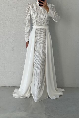 Satin Hijab Evening Dress Ecru with Stone Embroidered Cape