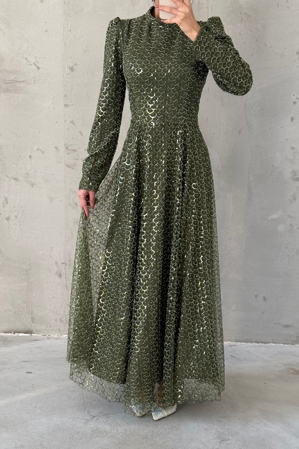 Shiny Sequin Embroidered Hijab Evening Dress Khaki