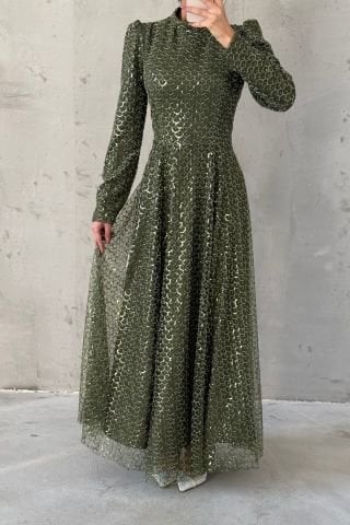 Shiny Sequin Embroidered Hijab Evening Dress Khaki