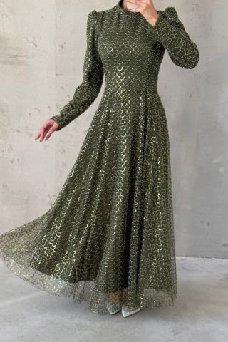 Shiny Sequin Embroidered Hijab Evening Dress Khaki