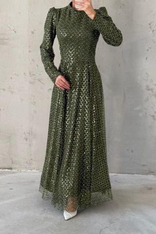 Shiny Sequin Embroidered Hijab Evening Dress Khaki
