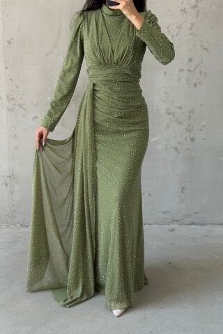 Pırıltılı Taş İşlemeli Tesettür Abiye Haki