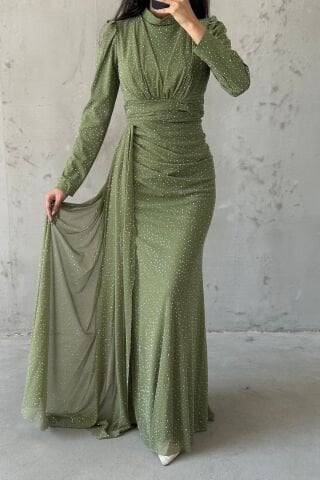 Pırıltılı Taş İşlemeli Tesettür Abiye Haki