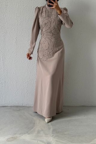 Unique Stone Embroidered Crepe Hijab Evening Dress Stone