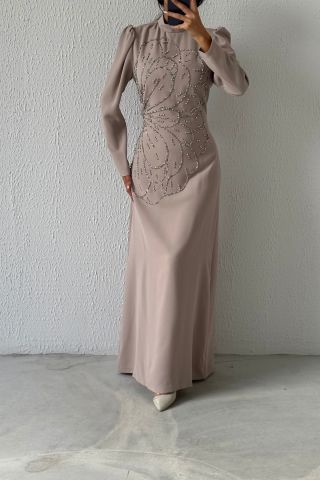 Unique Stone Embroidered Crepe Hijab Evening Dress Stone