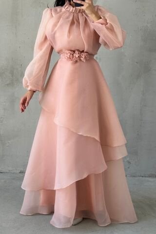 Çiçek Kemer Detaylı Organze Tesettür Abiye Pudra