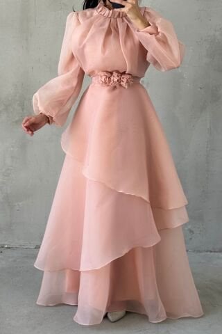 Çiçek Kemer Detaylı Organze Tesettür Abiye Pudra