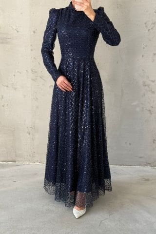 Parlak Pul İşlemeli Tesettür Abiye Lacivert