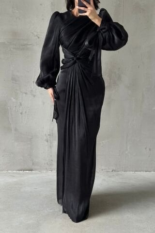 Elegant Design Drape Detailed Hijab Evening Dress Black