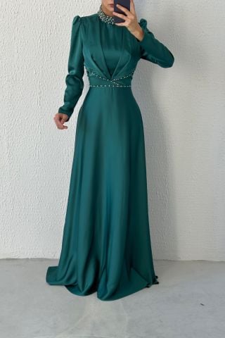 Modern Tasarım Saten Tesettür Abiye Zümrüt