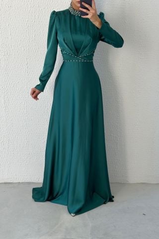 Modern Tasarım Saten Tesettür Abiye Zümrüt