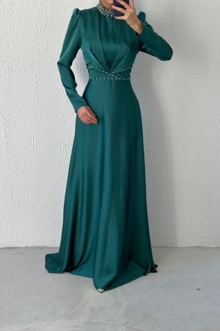 Modern Design Satin Hijab Evening Dress Emerald