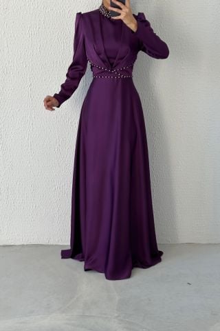 Modern Tasarım Saten Tesettür Abiye Mor