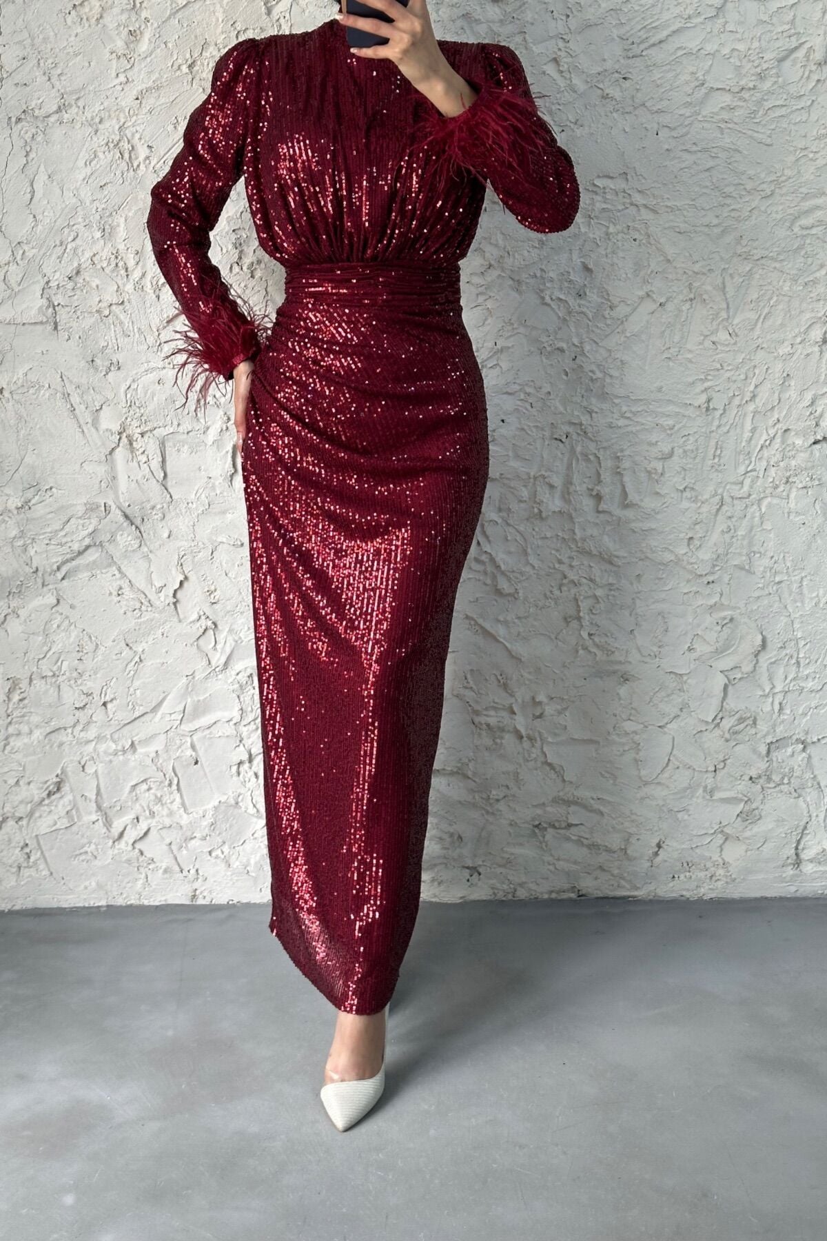 Pul Payet Kolu Tüylü Kalem Tesettür Abiye Bordo