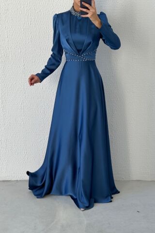 Modern Tasarım Saten Tesettür Abiye İndigo