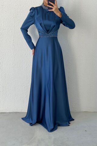 Modern Design Satin Hijab Evening Dress Indigo