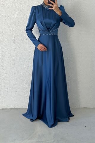 Modern Design Satin Hijab Evening Dress Indigo