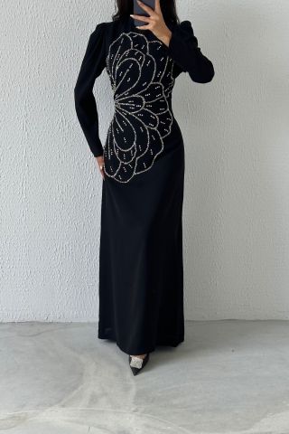 Unique Stone Embroidered Crepe Hijab Evening Dress Black