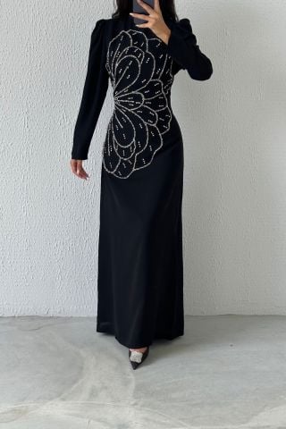 Unique Stone Embroidered Crepe Hijab Evening Dress Black