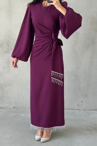 Double Crepe Stylish Design Hijab Evening Dress Plum