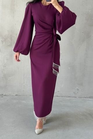 Double Krep Şık Tasarım Tesettür Abiye Mürdüm