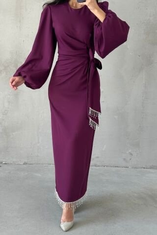 Double Krep Şık Tasarım Tesettür Abiye Mürdüm