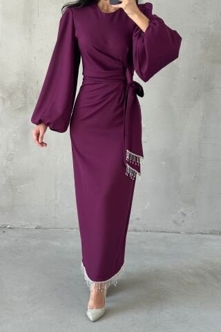 Double Krep Şık Tasarım Tesettür Abiye Mürdüm