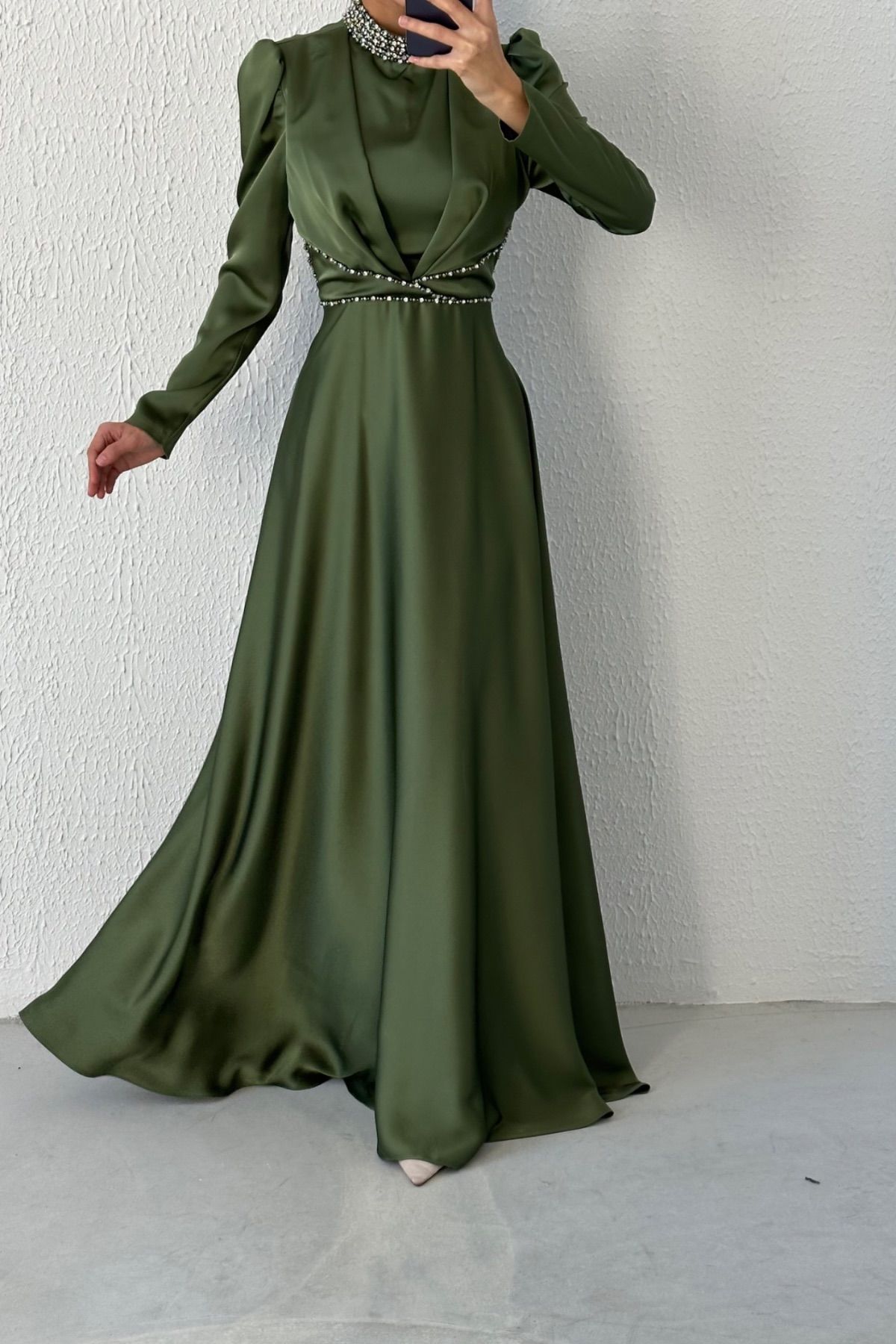Modern Design Satin Hijab Evening Dress Khaki