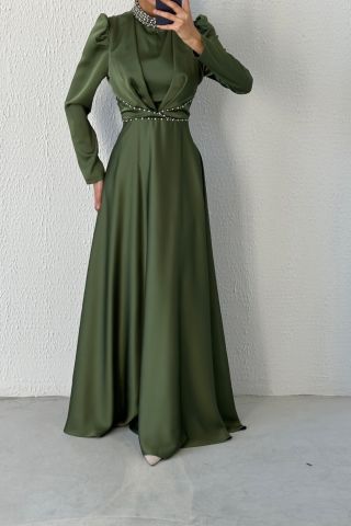 Modern Design Satin Hijab Evening Dress Khaki