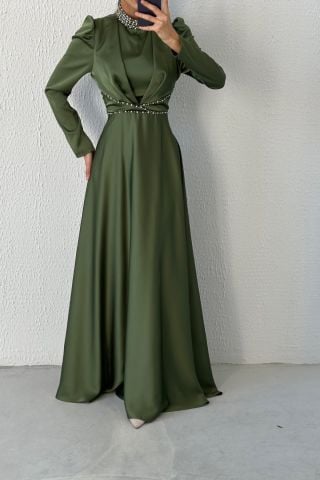 Modern Tasarım Saten Tesettür Abiye Haki
