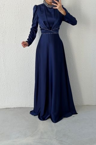 Modern Design Satin Hijab Evening Dress Navy Blue