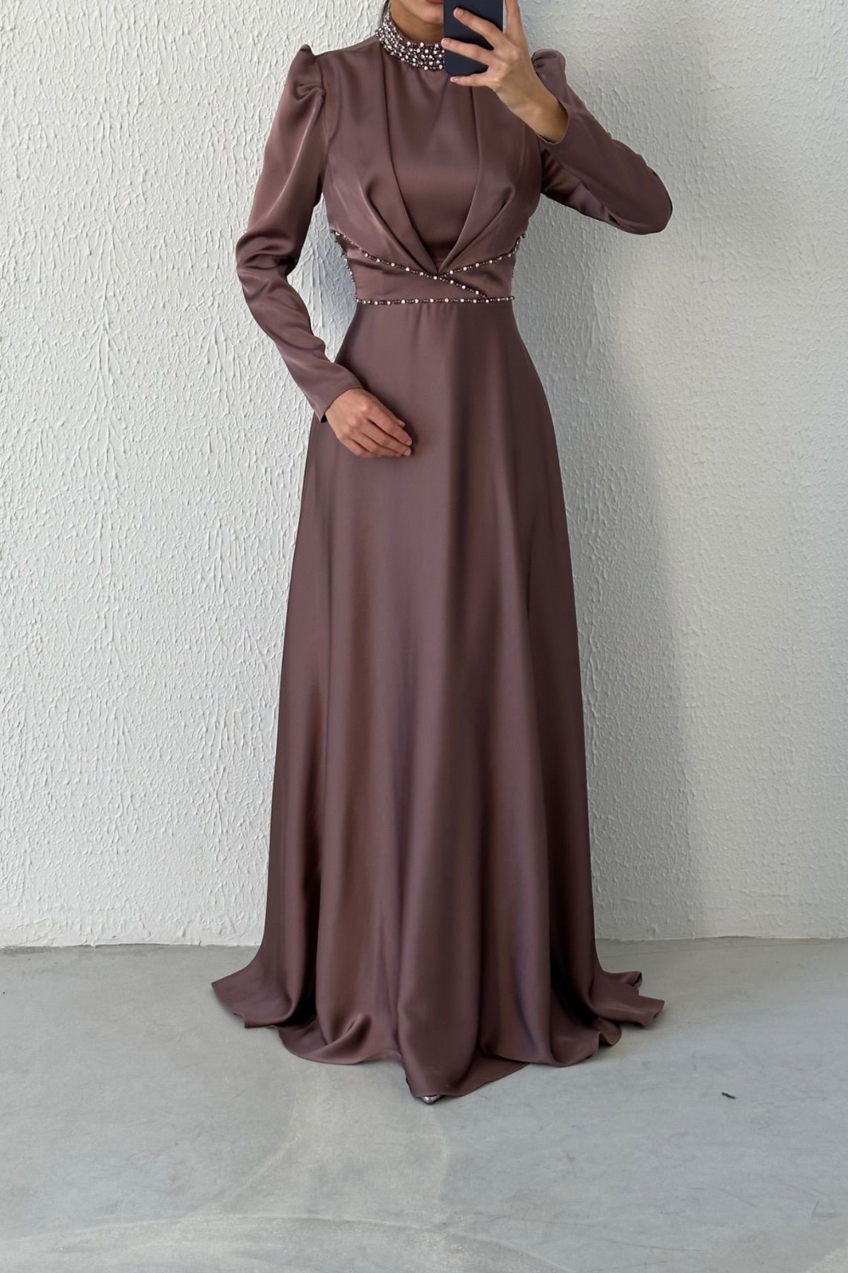 Modern Design Satin Hijab Evening Dress Mink