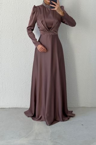 Modern Tasarım Saten Tesettür Abiye Vizon
