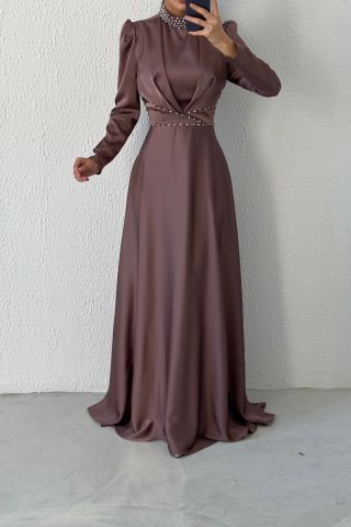 Modern Tasarım Saten Tesettür Abiye Vizon