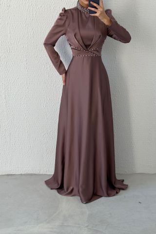Modern Tasarım Saten Tesettür Abiye Vizon