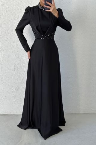 Modern Design Satin Hijab Evening Dress Black