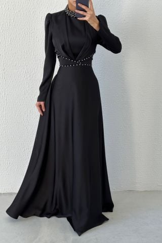 Modern Design Satin Hijab Evening Dress Black