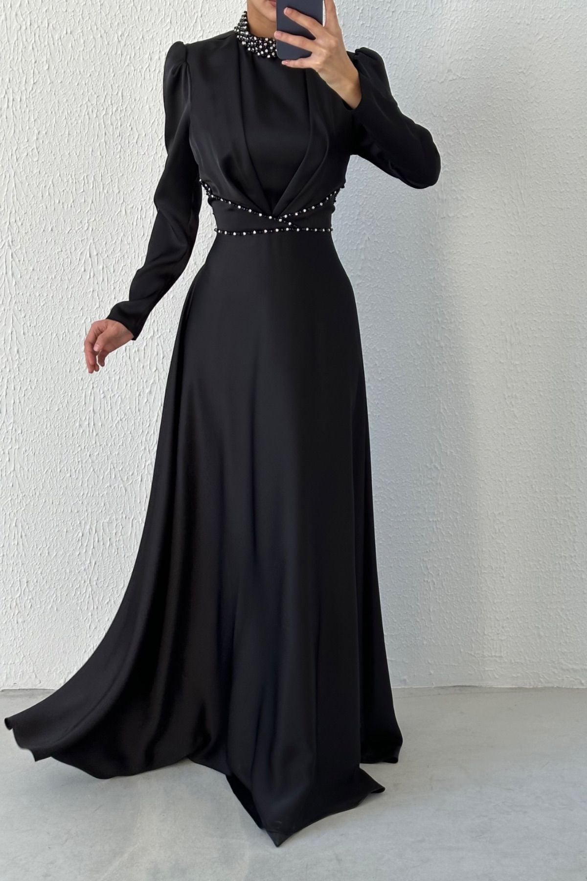 Modern Design Satin Hijab Evening Dress Black