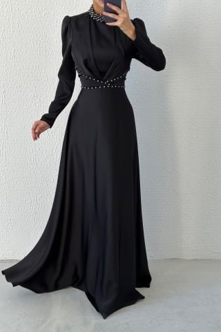 Modern Design Satin Hijab Evening Dress Black
