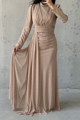 Pırıltılı Taş İşlemeli Tesettür Abiye Krem