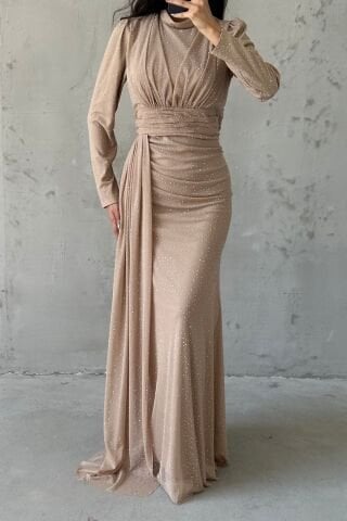 Pırıltılı Taş İşlemeli Tesettür Abiye Krem